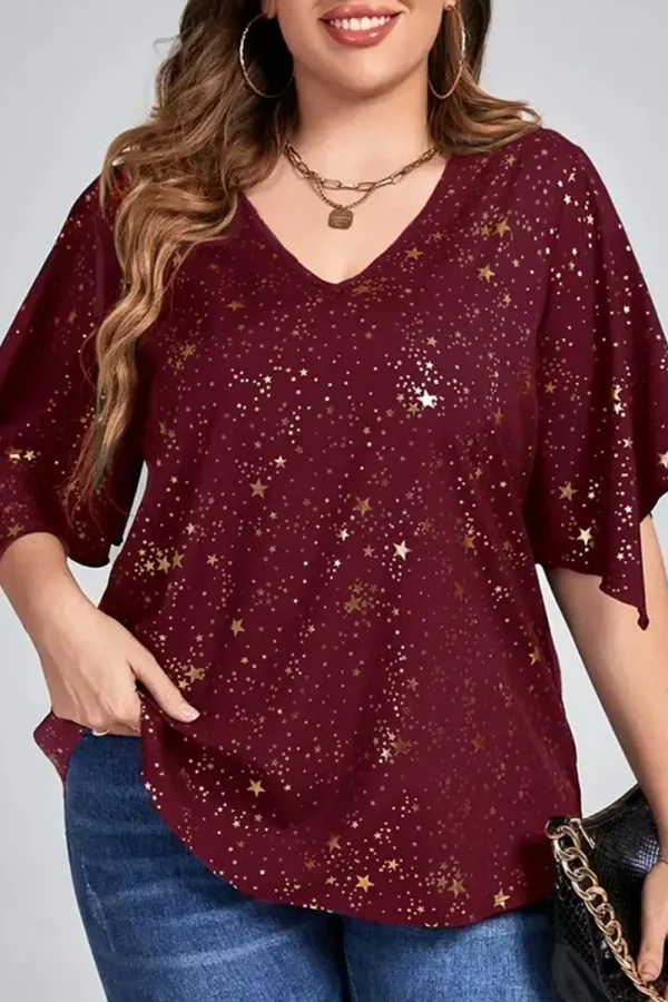 Plus Size Christmas Burgundy Sparkly Bronzing Print V Neck Blouse Half Sleeve Loose Tops