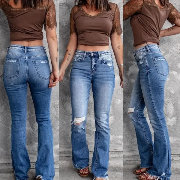 Women Jeans Bootcut Pants Washing Slim Flare Denim Zipper Fly Pockets Streetwear Ankle Length Solid Holes High Waist 2025 - Image 3