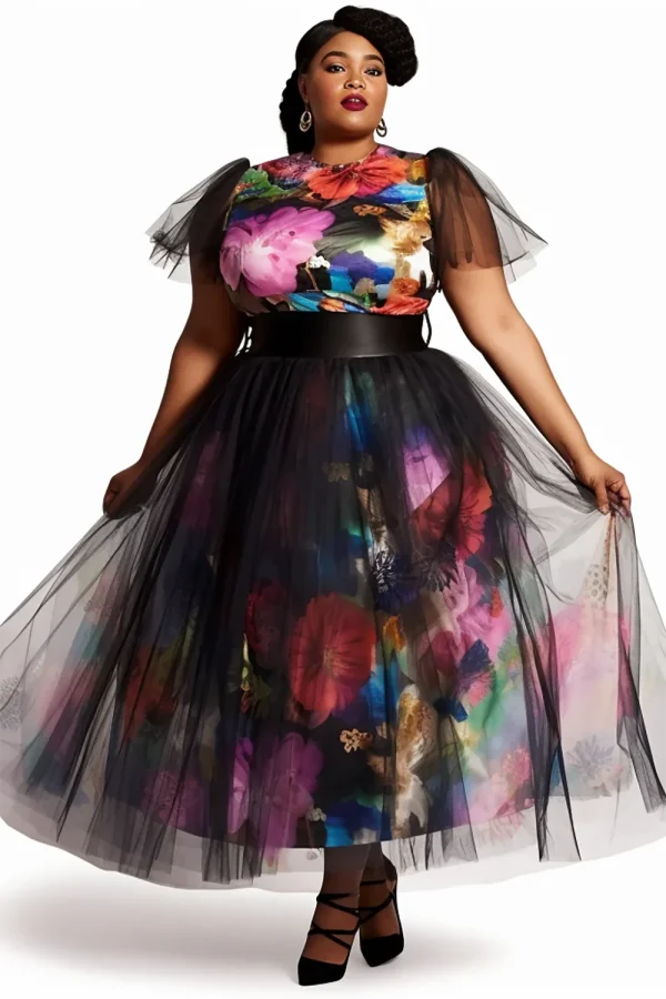 Women Plus Size Semi Formal Elegant Black Floral Summer Spring Round Neck Short Sleeve Contrast Mesh Two Piece Dress Set 2025