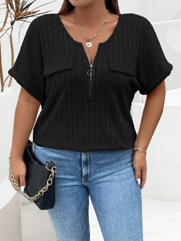 GIBSIE Plus Size Solid O-Ring Zip Front T Shirt for Women Summer 2025 O-Neck Short Sleeve Rib Knit Casual Tees Tops Female - Image 5