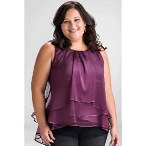Plus Size Women Clothing Everyday Casual Dark Purple Chiffon Layered Overlay Fold Tank Top Round Neck Shirts