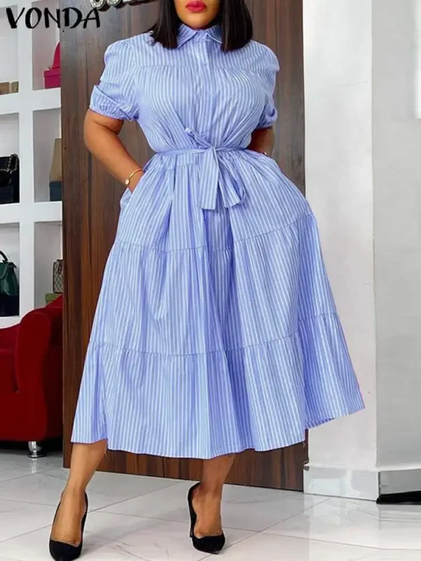 Plus Size 5XL VONDA Women Fashion Shirt Dress 2025 Summer Short Sleeve Casual Midi Sundress Elegant Loose Stripe Vestidos Belted - Image 3