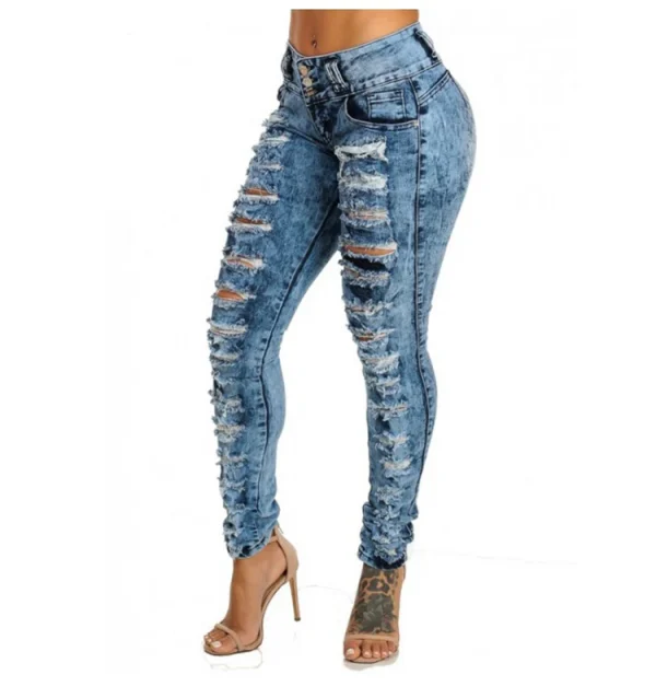 Jeans Ankle Length Women Pencil Denim Hole Pants Ripped Pockets High Waist Jean Skinny Streetwear Button Washed Distressed - Image 5