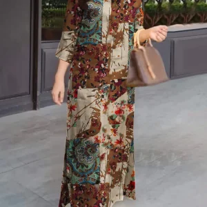 ZANZEA Plus Size Women Dresses Vintage Spring 3/4 Sleeve Floral Print Long Maxi Dress Fashion Cotton Shirt Dress Loose Sundress