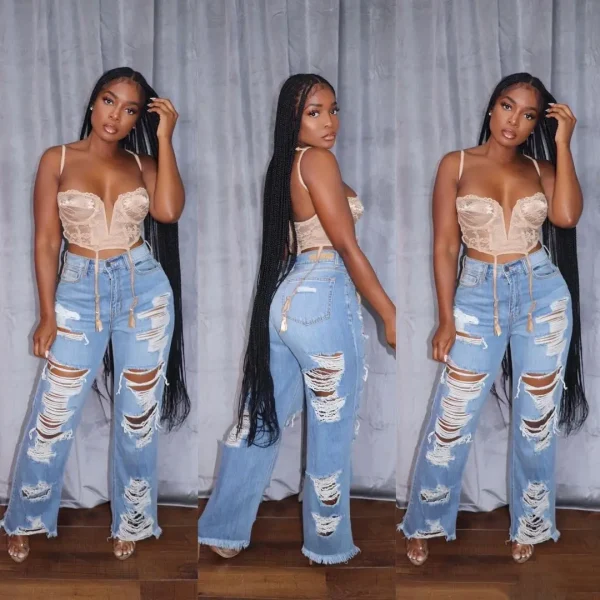 Jeans Women Long Pants Elegant Splice Denim Pant Slim Fit Sexy Hole High Waist Button Pocket Straight Trousers Summer 2025