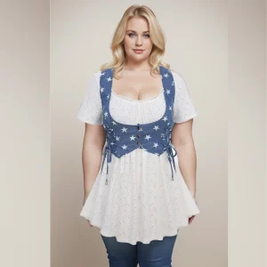 ﻿ROSEGAL Plus Size Women's Blouses Top Star Print Lace-up Buttons Hollow Out 2 In 1 Tops White Square Neck Casual T-Shirts