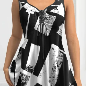 Plus Size Patchwork Print Tank Top, Casual V Neck Sleeveless Drawstring Tank Top For Summer, Women's Plus Size Clothing 2025