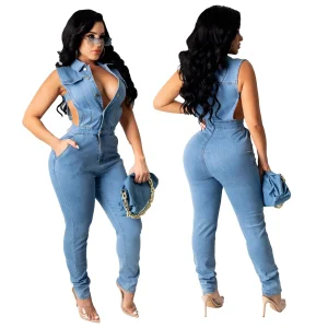 Hollow Denim Ankle Length Pants Women Overalls Spliced Washed Pencil Jeans Vintage Skinny Jean One Piece Button Sexy 2025