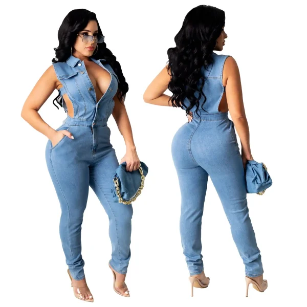 Hollow Denim Ankle Length Pants Women Overalls Spliced Washed Pencil Jeans Vintage Skinny Jean One Piece Button Sexy 2025
