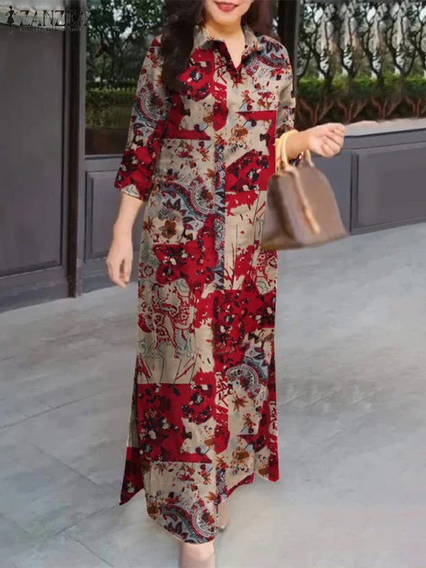 ZANZEA Plus Size Women Dresses Vintage Spring 3/4 Sleeve Floral Print Long Maxi Dress Fashion Cotton Shirt Dress Loose Sundress - Image 3