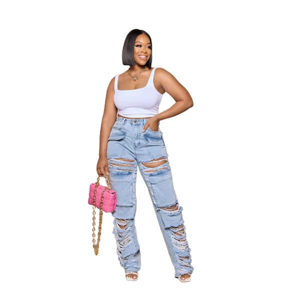 Ripped Hole Women Jean Distressed Straight Pants Denim Ankle Length Jeans High Waist Pockets Loose Spliced Punk Vintage - Image 2