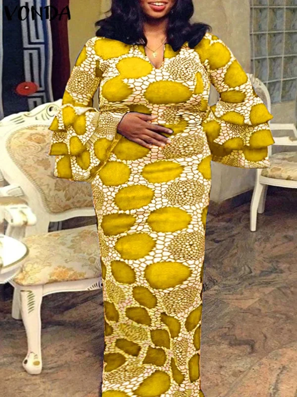 Plus Size 5XL VONDA Printed Dress 2025 Women Bohemian Ruffled Sundress Vintage V-Neck Vestidos Casual Loose Long Sleeve Robe - Image 3
