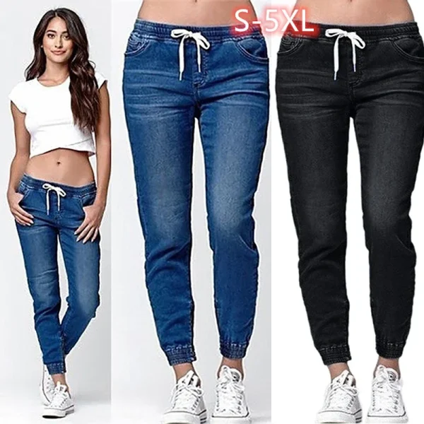 Lace-up Jeans for Women Denim Pants Casual Loose Slim Fit Stretch Long Denim Pure Color Trousers Blue Black Jean 2025 summer