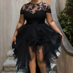 Women Plus Size Lace Patchwork Dress Short Sleeve Irregular Hem Elegant Sheer See Through Party Cocktail Evening Long Dresses