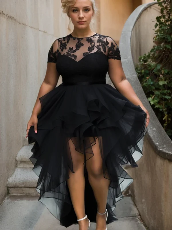 Women Plus Size Lace Patchwork Dress Short Sleeve Irregular Hem Elegant Sheer See Through Party Cocktail Evening Long Dresses