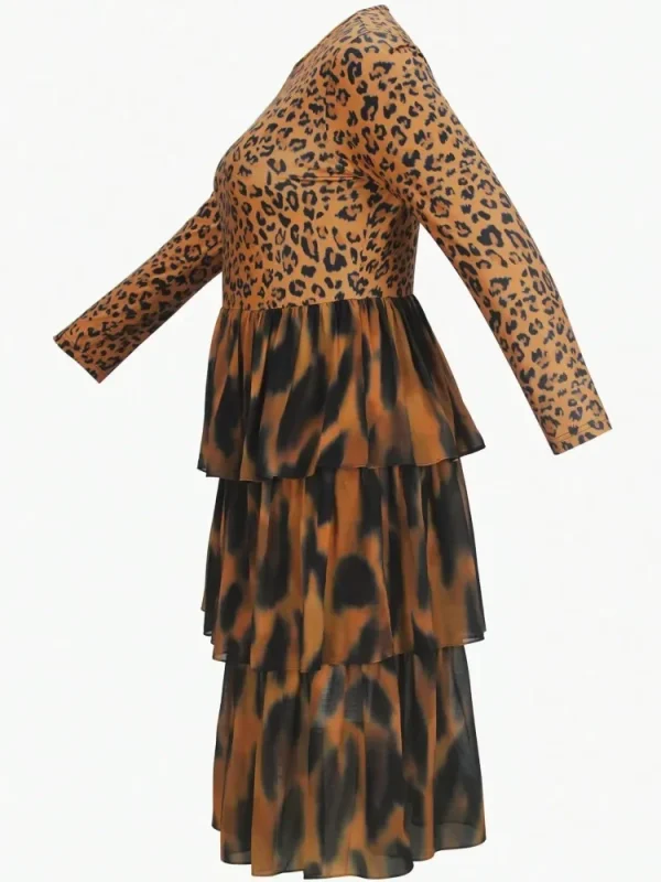 Women Plus Size Dress Leopard Printed Round Neck Mesh Layer Long Sleeve American Retro High Street African Midi Dresses 2025 - Image 4