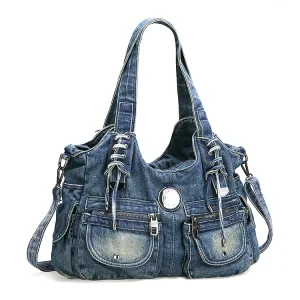 Large Capacity Handbag Casual Hobo Denim Bag Women Shoulder Bag Jeans Multiple Pockets Tote Bag