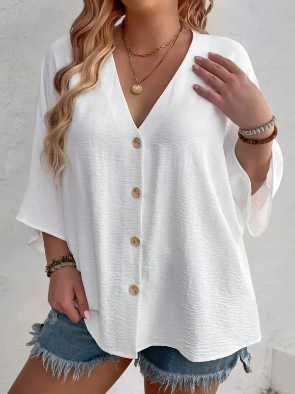 Women's Plus-size T-shirt Solid Color Breathable Spring/summer V-neck Button Travel Casual Wear with European and American Style - Image 2