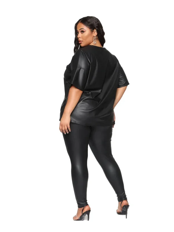 Women Summer Clothes Leather Outfit 2 Piece Set Short Sleeve Blouse Top and Stretchy Leggings Ladies Plus Size Pu Suits in Black - Image 4