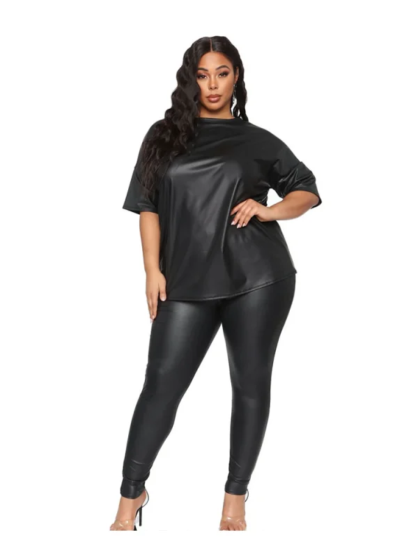 Women Summer Clothes Leather Outfit 2 Piece Set Short Sleeve Blouse Top and Stretchy Leggings Ladies Plus Size Pu Suits in Black - Image 2