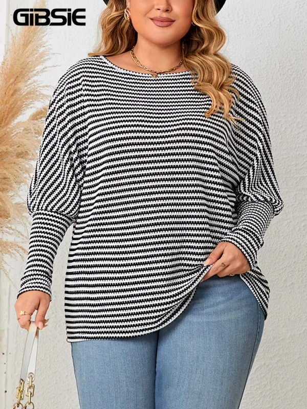 GIBSIE Plus Size Women's Striped Casual T-Shirts 2025 Fall Fashion Full Raglan Sleeve Female Loose O-Neck Tops Tee Woman New