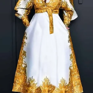 VONDA Plus Size 5XL Bohemian Women Printed Dress 2025 Autumn Long Sleeve Belt Maxi Long Sundress Buttons Vintage Casual Vestidos