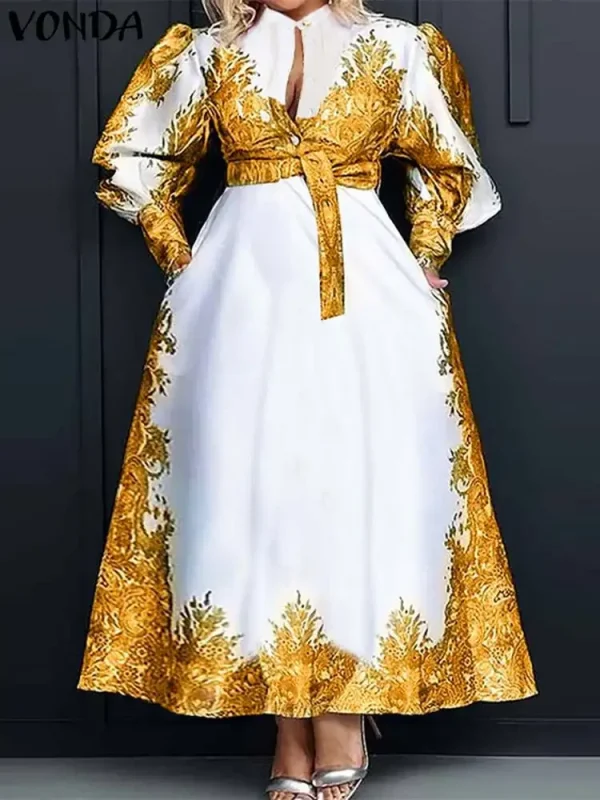 VONDA Plus Size 5XL Bohemian Women Printed Dress 2025 Autumn Long Sleeve Belt Maxi Long Sundress Buttons Vintage Casual Vestidos