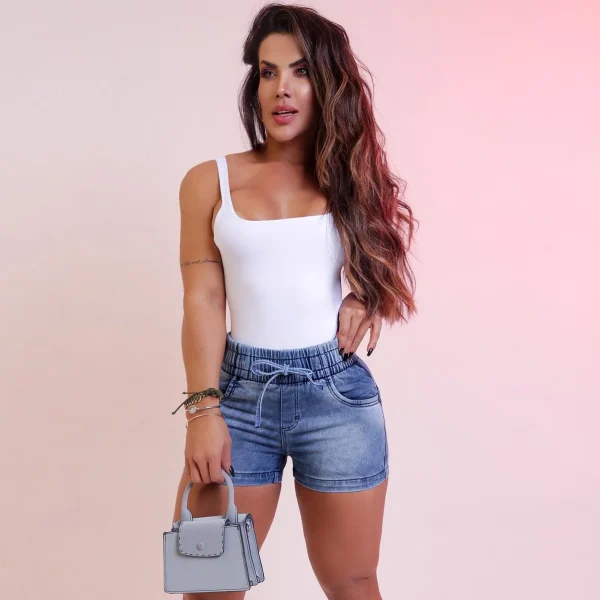 Women Jeans Denim Shorts Mid Waist Sexy Slim Fit Drawstring Pleated Summer 2025 Washing Pockets Slight Strech Solid Regular - Image 3