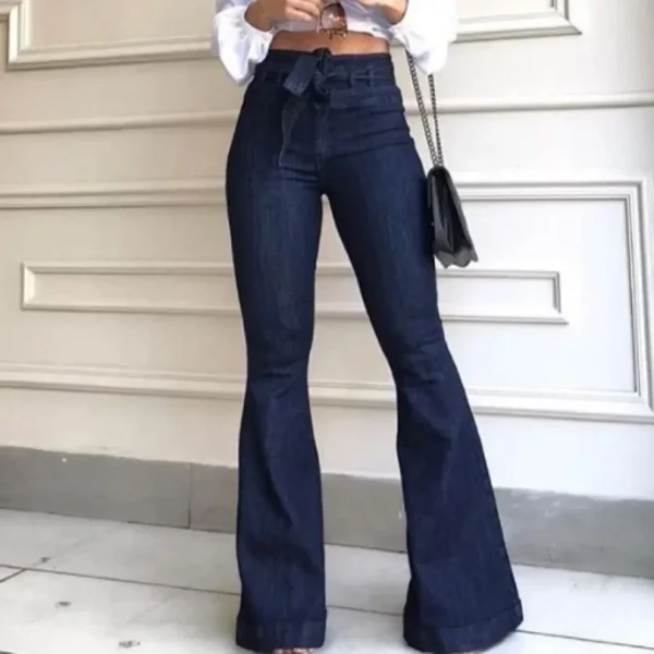 Mom Jeans Women Flare Pants Zipper Fly Flat Pockets Streetwear Denim Work Elegant Bodycon Slight Strech Belt High Waisted Jeans - Image 4