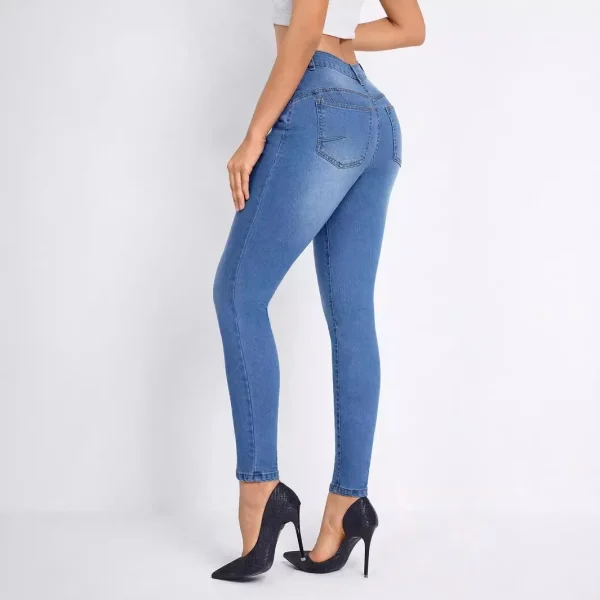 Women Clothing Skinny Solid Ankle Length Jean Washed Zipper Fly Denim Pants High Waist Jeans Spliced Casual Slim Pockets - Image 4