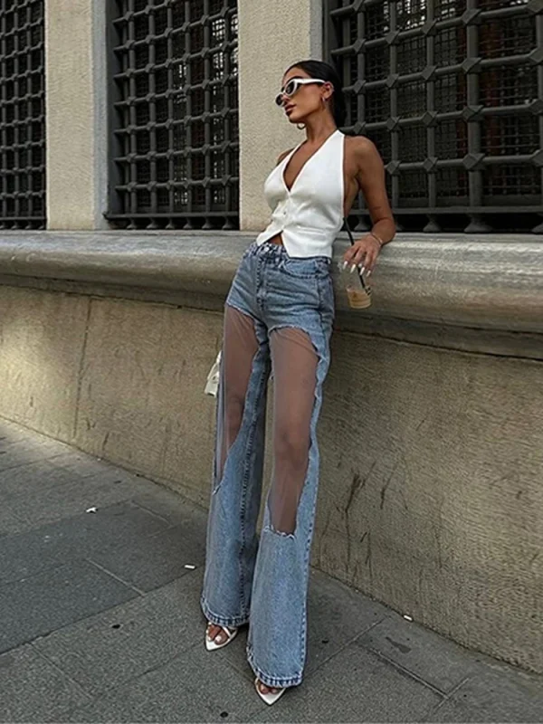 2025 Designer Women's Jeans Pant Blue Denim With Sheer Mesh Knee Panels Hip Hop Style Distressed High Waist Streetwear Trousers - Image 4