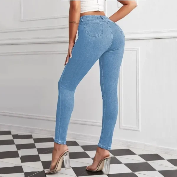 Women Washed Jeans Denim Pencil Trousers Vintage Pockets Button High Waist Slim Fit Basics Ankle Length Pants Casual Denims - Image 4