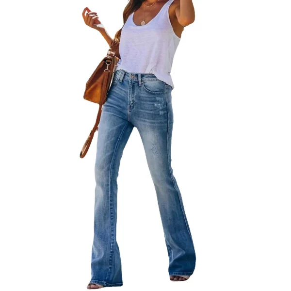 Women Jeans Bleached High Waist Flare Jean Zipper Fly Vintage Washed Loose Fit Denim Full Length Pants Pockets Basics Solid - Image 5