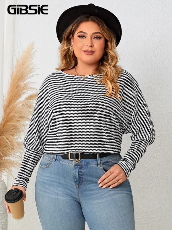 GIBSIE Plus Size Women's Striped Casual T-Shirts 2025 Fall Fashion Full Raglan Sleeve Female Loose O-Neck Tops Tee Woman New - Image 4