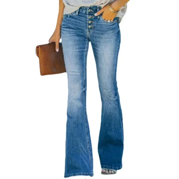 Women Denim Jeans Spliced High Waist Solid Color Flare Pants Single Breasted Button Pockets Zipper Fly Streetwear Spring - Image 5