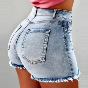 Shorts Denim Women Holes Jeans Mom Skinny High Waist Pockets Zipper Fly Blue Tassel Slight Strech Streetwear 2025 Sexy Bodycon
