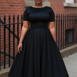 Women Plus Size Black Dress Short Sleeve Summer Casual Pleated A-Line Basic Long Dress Round Neck Fashion Evening Party Dresses