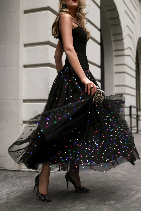 Sequin Mesh High Waist Skirt Plus Size Pleated A-Line High Street Elegant Wedding Guest Sweet Skirts 2025 - Image 4