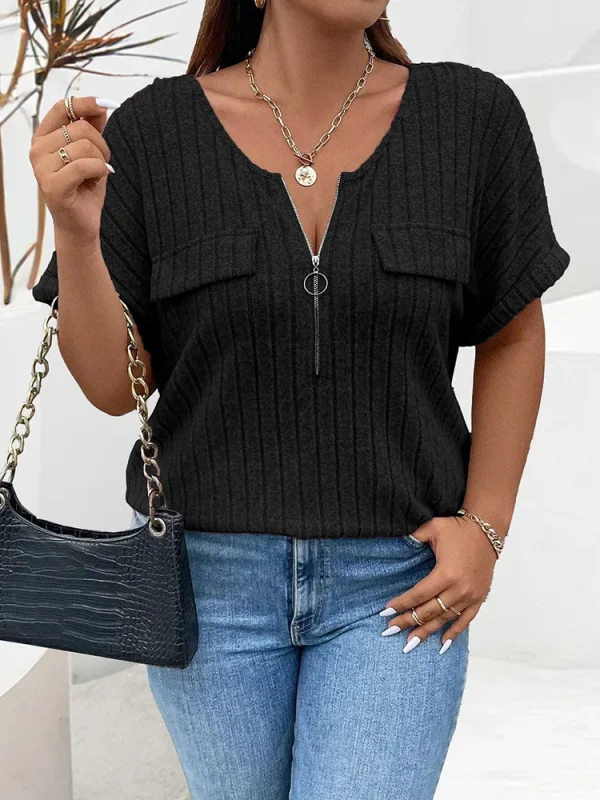 GIBSIE Plus Size Solid O-Ring Zip Front T Shirt for Women Summer 2025 O-Neck Short Sleeve Rib Knit Casual Tees Tops Female - Image 3