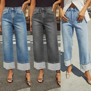 Women Jeans 2025 Autumn Stretch Straight Pants Pockets High Waist Vintage Distressed Denim Ankle Length Trousers Casual Denims