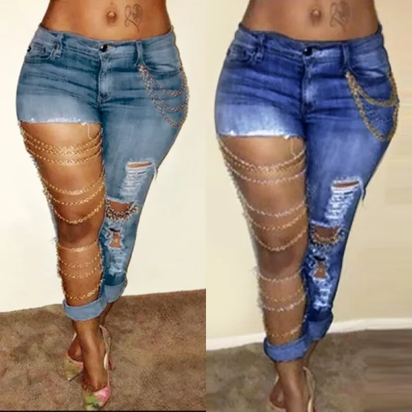 Women Jeans Pencil Pants Denim Sexy Big Holes Chain Washing Slim Pockets Streetwear Spring 2025 Slight Strech Solid Color