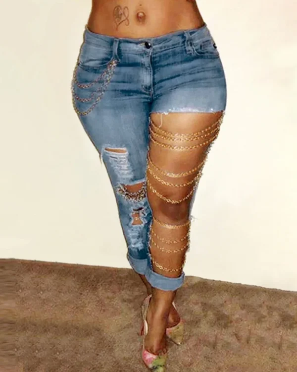 Women Jeans Pencil Pants Denim Sexy Big Holes Chain Washing Slim Pockets Streetwear Spring 2025 Slight Strech Solid Color - Image 2
