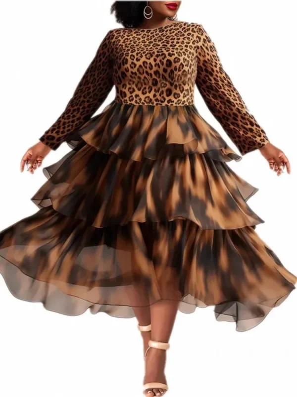 Women Plus Size Dress Leopard Printed Round Neck Mesh Layer Long Sleeve American Retro High Street African Midi Dresses 2025 - Image 2