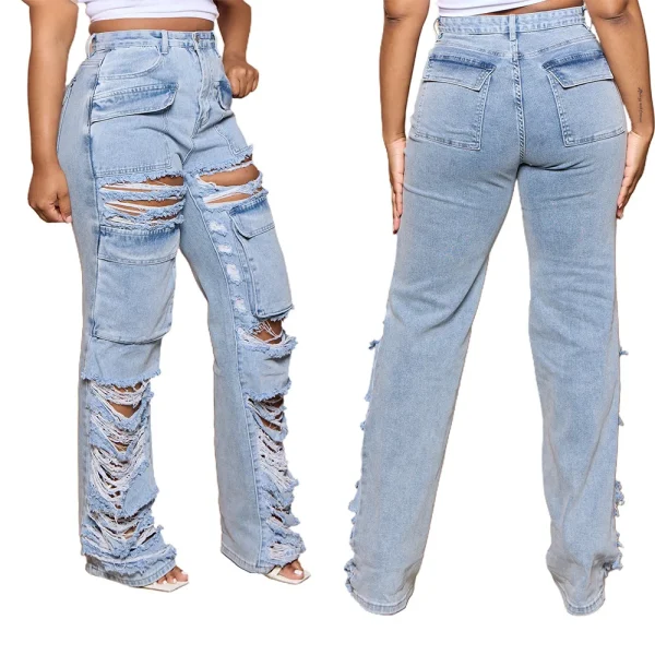 Ripped Hole Women Jean Distressed Straight Pants Denim Ankle Length Jeans High Waist Pockets Loose Spliced Punk Vintage
