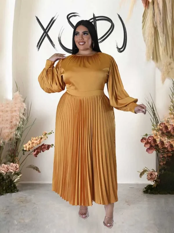 Satin Casual Dress Long Sleeve Autumn Chic and Elegant Pleated Dress Women 3xl 4xl 5xl High Square Neck Dress Plus Size Female - Image 3