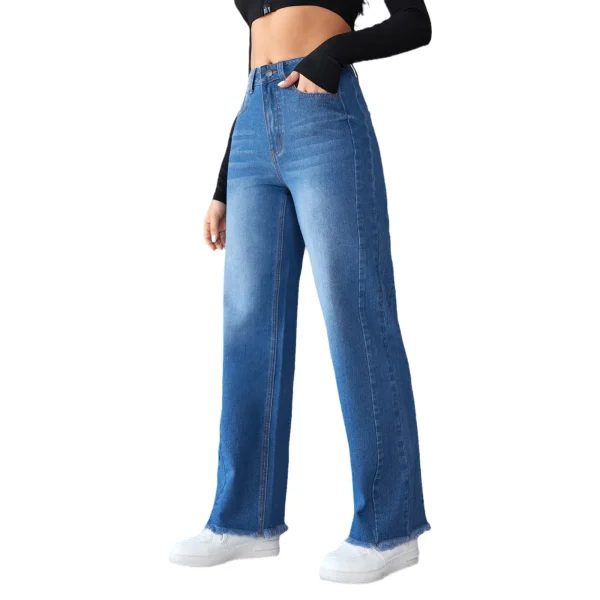 Washed Distressed Denim Straight Pants Vintage Women Jean Pockets High Waist Loose Fit Ankle Length Wide Leg Pants Basics - Image 5