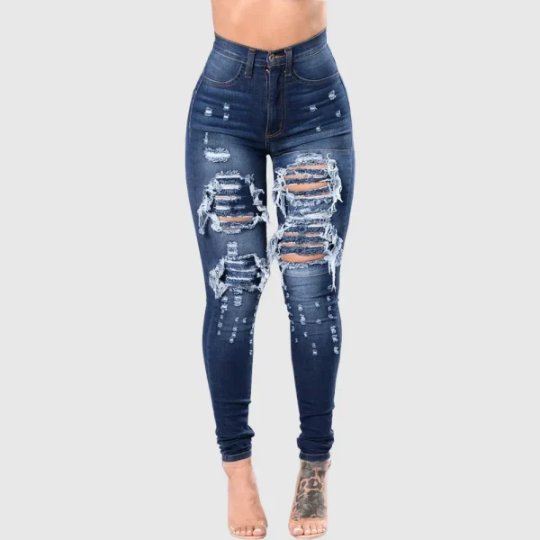 Europe and America Fashion Stretch Washed Ripped Jeans, Women's Spring and Autumn New Slim-fit High-waisted Small Feet Pants - Image 3