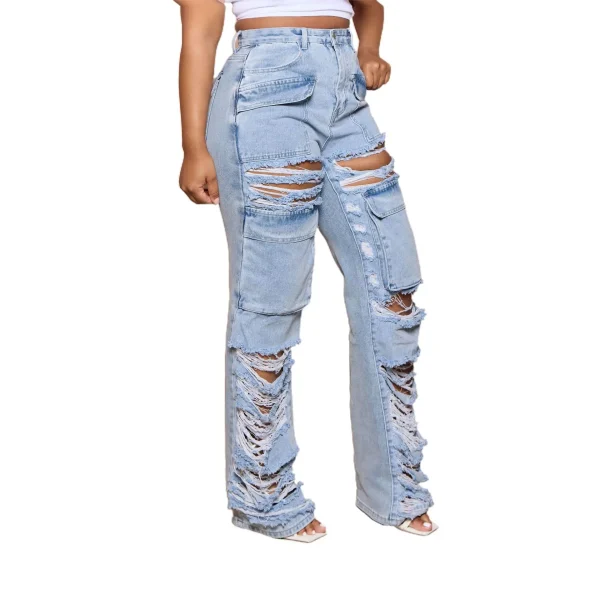 Ripped Hole Women Jean Distressed Straight Pants Denim Ankle Length Jeans High Waist Pockets Loose Spliced Punk Vintage - Image 4
