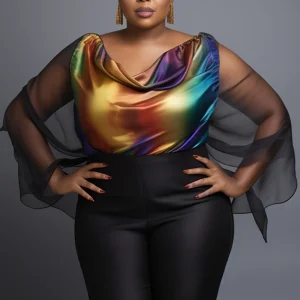 Women Plus Size Business Casual Multicolor Gradient Cowl Neck Batwing Sleeve Long Sleeve See Through Ruffled Fold Chiffon Blouse
