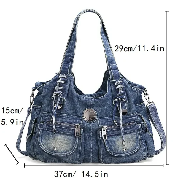 Large Capacity Handbag Casual Hobo Denim Bag Women Shoulder Bag Jeans Multiple Pockets Tote Bag - Image 5